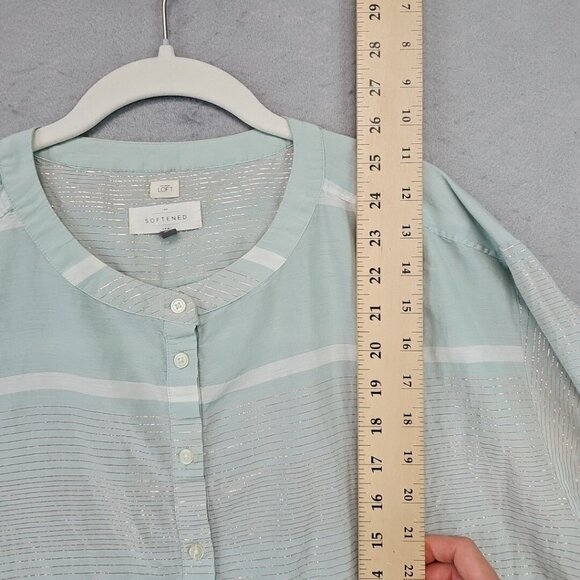 Ann Taylor LOFT The Softened Shirt Tunic Womens M Pastel Aqua Metallic Striped - Picture 6 of 11